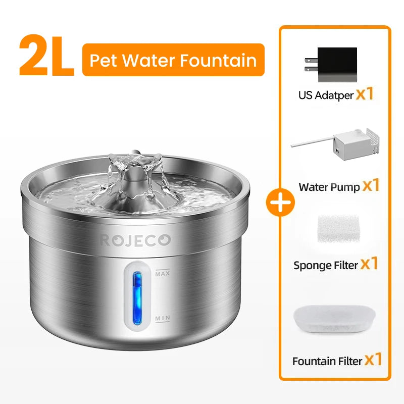 ROJECO Stainless Steel Cat Water Fountain — Quiet & Filtered